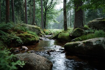 Fototapeta premium Tranquil stream flowing through a lush forest with mossy rocks and sunlit trees under a misty sky at dawn