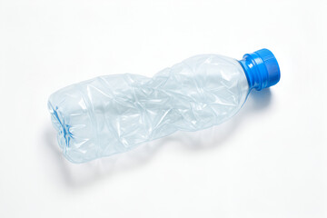 Crushed empty plastic water bottle on white background for environmental pollution and recycling awareness
