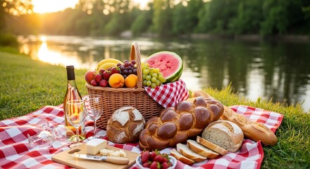 Picnic by the lake with food and drinks.