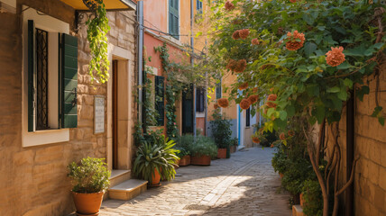 Charming European street with colorful buildings, lush plants, and inviting atmosphere