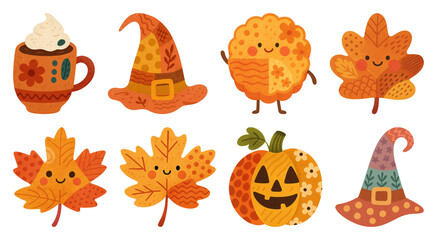 Fototapeta premium PNG Cute autumn-themed cartoon illustrations, element set on transparent background