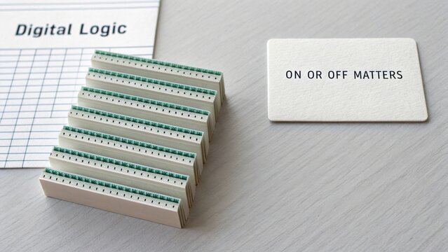 Components for digital logic systems showing circuit boards and an emphasis on binary choices in technology