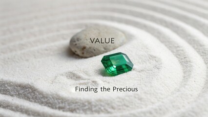 Emerald green gemstone on white Zen sand with a grey stone