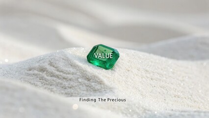 A precious emerald green gemstone with VALUE on a sparkling white surface