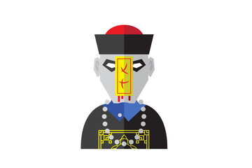 Pixelated Jiangshi Illustration on Transparent Background with Red Hat and Yellow Talisman Detail for Halloween Themed Design Element