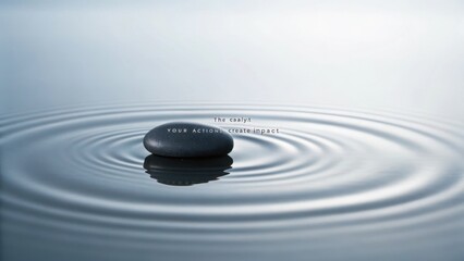 Smooth black stone with text creating ripples in calm water