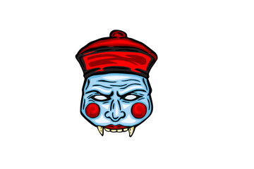 Pixelated Jiangshi with Red Hat and Sharp Teeth Against White Background Halloween Concept