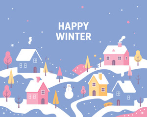 Happy Winter Village Illustration &ndash; Snowy Landscape Background