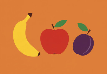 A minimalist illustration featuring a yellow banana, a red apple, and a purple plum on a plain orange background.
