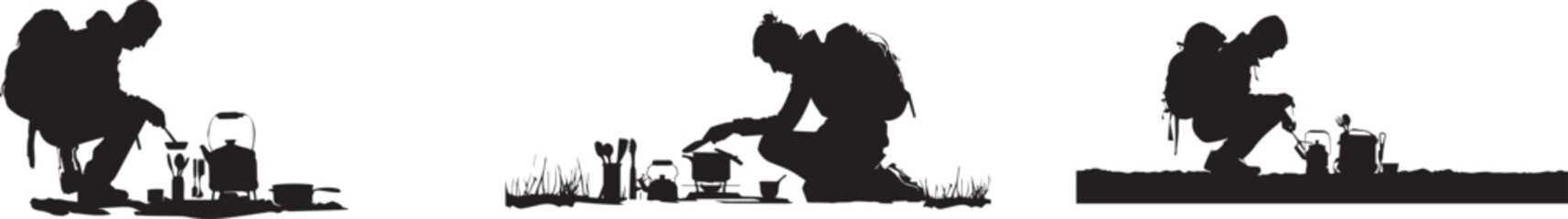 Black and white vector illustration of parent and child planting small trees together in soil, minimalist silhouette artwork symbolizing family love, nature care, growth, sustainability, and environme