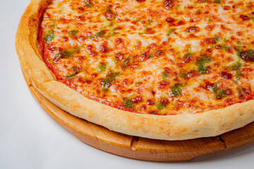 Freshly baked pizza with a golden crust and melted cheese, ready to enjoy with vibrant flavors