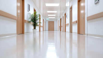 Fototapeta premium Clean hospital corridor with bright lighting and potted plant, creating calm atmosphere