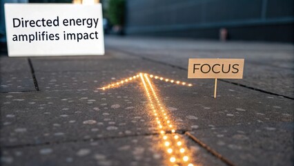 Glowing arrow of light pointing upward on the ground with focus sign