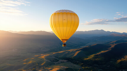 Naklejka premium Vibrant hot air balloon soaring above picturesque valley sunset, showcasing stunning landscapes