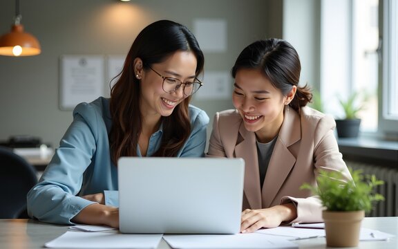 Two happy busy female employees working together using computer planning project. Middle aged professional business woman consulting teaching young employee looking at laptop sitting at desk in office