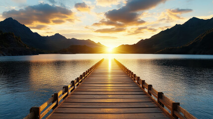 Fototapeta premium Sunset over tranquil lake with wooden pier extending into water, creating serene atmosphere