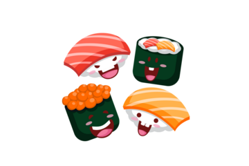 Pixelated Sushi Group With Smiling Faces On Transparent Background Vector Art