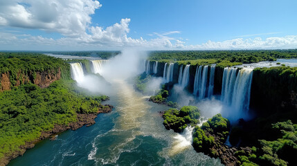 Majestic Iguazu Falls cascading with vibrant mist bright sunlight, showcasing nature beauty
