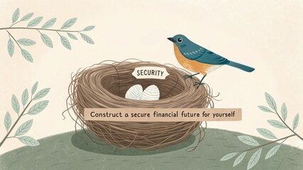 A colorful bird watching over its nest with eggs symbolizing security