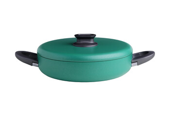 Green cooking pot with lid and handles isolated on transparent background