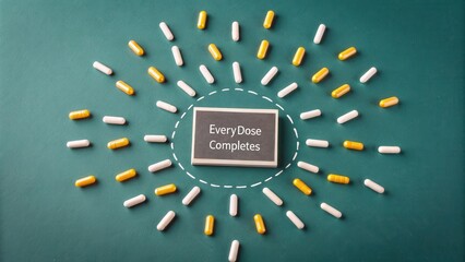 Creative Arrangement of Capsules and Supplements on a Green Surface with Inspirational Text Message in Center