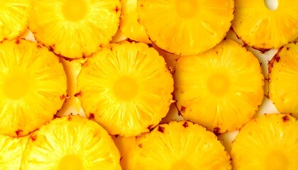 A vibrant background of fresh, juicy pineapple slices. This tropical fruit texture is perfect for summer, healthy eating, or cocktail concepts.