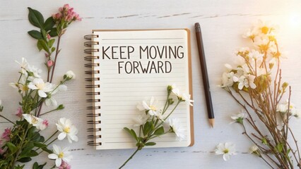 Inspirational message in a notebook surrounded by flowers, encouraging progress and positivity in daily life