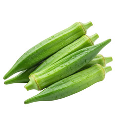 Obraz premium Fresh green okra pods stacked and isolated on a clean white background, ready for recipes