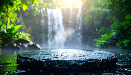 Dark slate stone platform for a refreshing background, Small water droplets and condensation show against a blurred waterfall mist backdrop