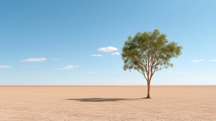 Fototapeta premium Lone tree standing arid desert landscape clear blue sky, symbolizing resilience and solitude
