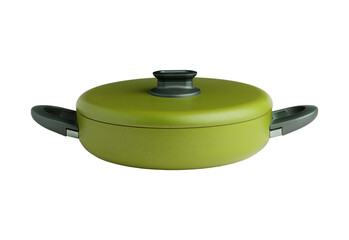 Green cooking pot with lid and handles isolated on transparent background