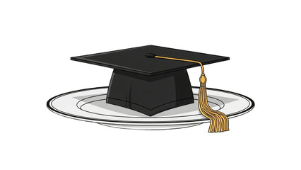 academic graduation cap with a golden tassel is served on a white plate, isolated on a white background.