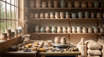 Pottery Studio - A Collection of Handmade Clay Vessels on Shelves.