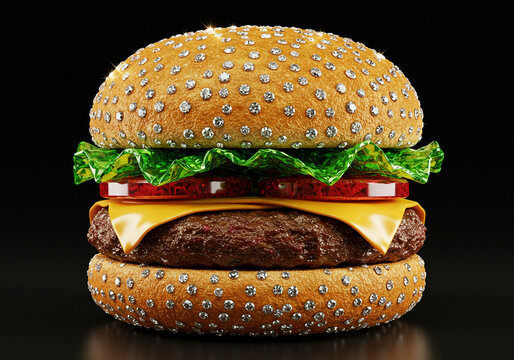 An extravagant and luxurious cheeseburger with a bun encrusted with sparkling crystals against a dark background.