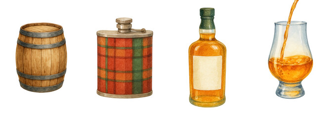 Whiskey barrel and flask with plaid pattern next to bottle and glass pouring drink in watercolor style for st. andrew day clipart