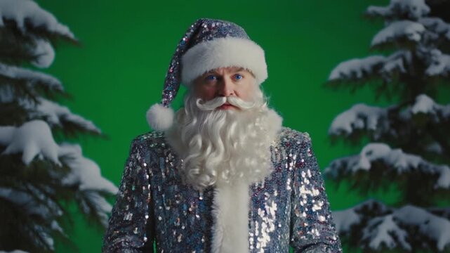 Santa in a sequin suit with a green screen backdrop and snow covered trees behind him smiling christmas santa video