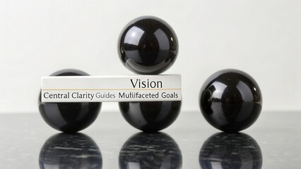Arrangement of three polished obsidian spheres and a Vision block