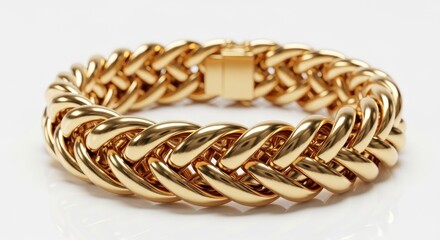 Naklejka premium Elegant braided gold bracelet on a reflective white surface, symbolizing luxury and fashion.