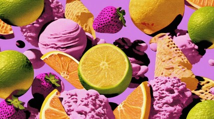 Vibrant Colorful Fruit and Ice Cream on Purple Background Design