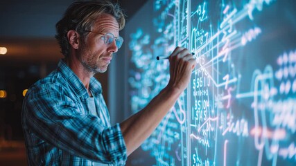 Man in glasses working with futuristic holographic interface, analyzing digital data and formulas. Concept of technology, science and innovation - Powered by Adobe