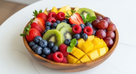 Vibrant wooden bowl filled with a colorful assortment of fresh, healthy fruits like berries, kiwi...
