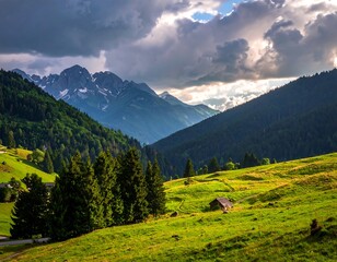 Fototapeta premium Alpine valley landscape with mountain peaks and meadow