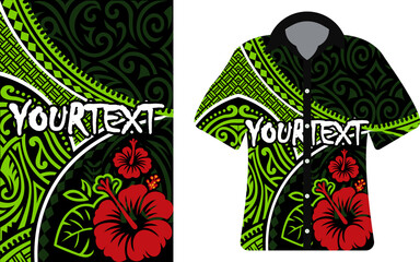 Hawaiian Shirt with Hibiscus Flowers and Tribal Motif, Fiji Island cultural dress vector template, trendy modern Green Tribal Shirt with Polynesian Tattoo Motif, Polynesian, Samoan, Island.