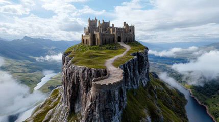 Majestic medieval castle perched on misty hilltop, surrounded by lush landscapes and rivers