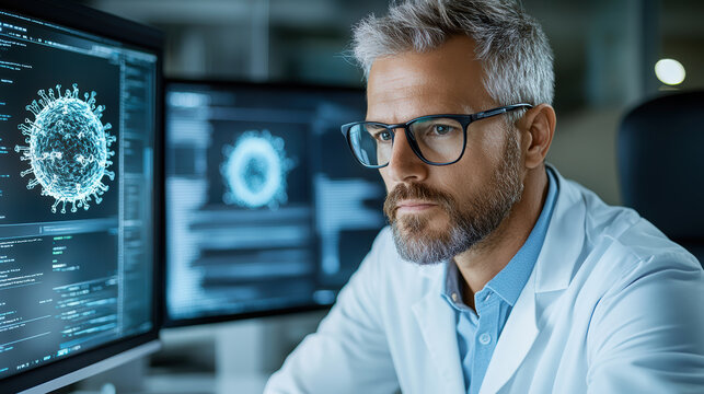 Medical researcher analyzing virus structure on glowing screens, focused and determined