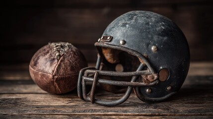 Fototapeta premium Vintage Football Helmet and Ball on Rustic Wooden Background