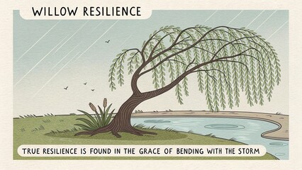 Illustrated willow tree bending gracefully by a calm river bank
