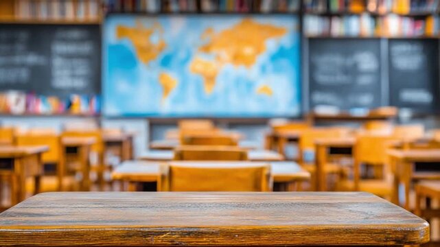 School classroom: An inviting classroom setting. Wooden desks and chairs face a world map. The scene conveys a sense of learning and possibility. 