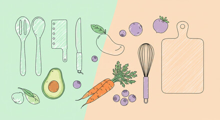 Illustration of kitchen utensils and fresh produce, arranged on a split-color background.