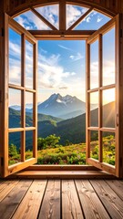 Mountain vista through open wooden window
